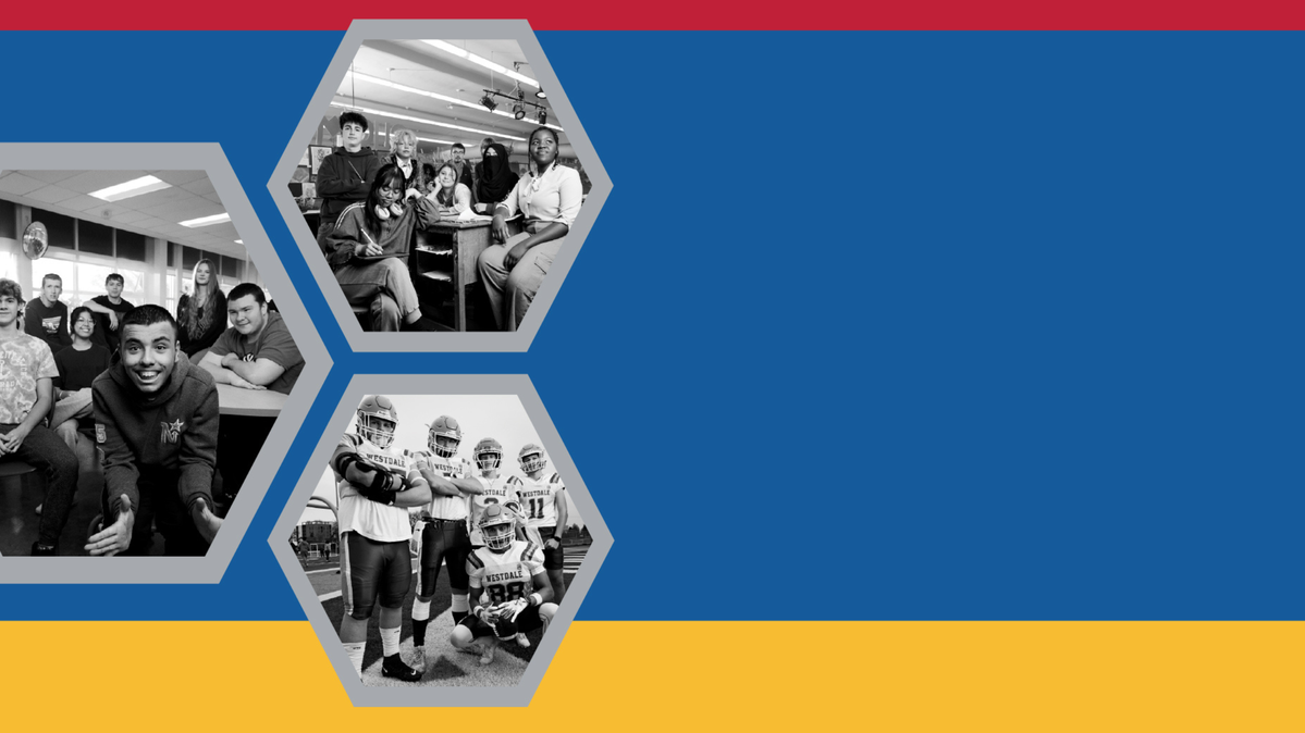 Blue banner with yellow and red stripes. three hexagon images on the left hand side. photos of children in football gear, smiling in the classroom, and sitting around a desk.